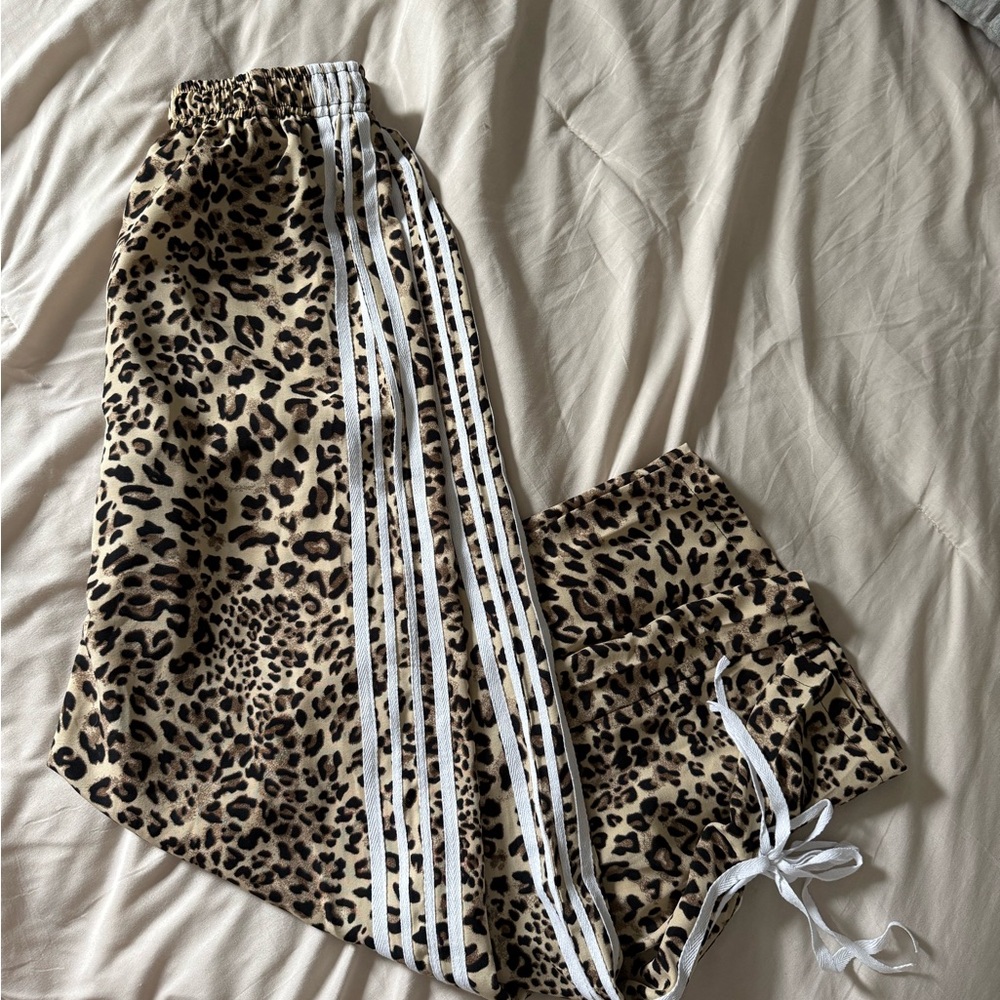 Leopard Print Track Pants with White Stripes